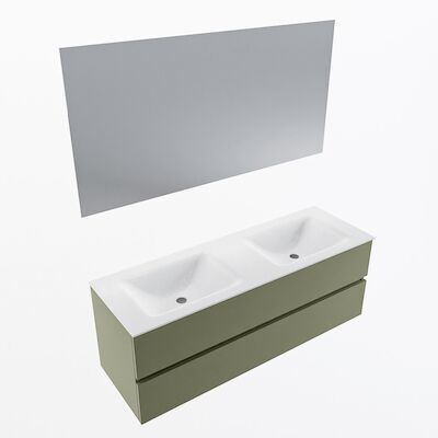 MONDIAZ VICA 140cm badmeubel onderkast Army 2 lades. Wastafel CLOUD dubbel zonder kraangat, kleur Talc met spiegel LED.