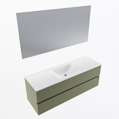 MONDIAZ VICA 140cm badmeubel onderkast Army 2 lades. Wastafel CLOUD midden 1 kraangat, kleur Talc met spiegel LED.