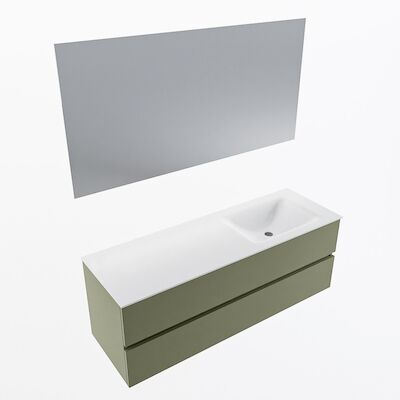 MONDIAZ VICA 140cm badmeubel onderkast Army 2 lades. Wastafel CLOUD rechts zonder kraangat, kleur Talc met spiegel LED.