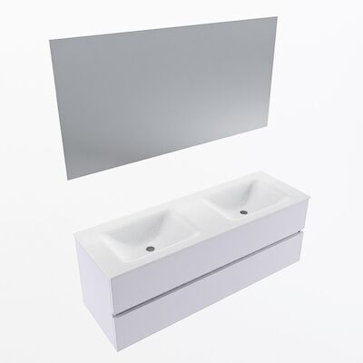 MONDIAZ VICA 140cm badmeubel onderkast Cale 2 lades. Wastafel CLOUD dubbel zonder kraangat, kleur Talc met spiegel LED.