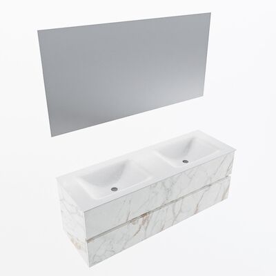 MONDIAZ VICA 140cm badmeubel onderkast Carrara 2 lades. Wastafel CLOUD dubbel 2 kraangaten, kleur Talc met spiegel LED.
