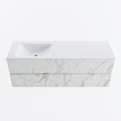 MONDIAZ VICA 140cm badmeubel onderkast Carrara 2 lades. Wastafel CLOUD links zonder kraangat, kleur Talc.