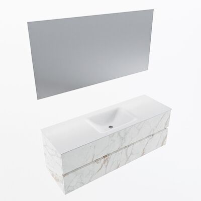 MONDIAZ VICA 140cm badmeubel onderkast Carrara 2 lades. Wastafel CLOUD midden 1 kraangat, kleur Talc met spiegel LED.