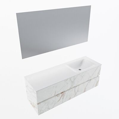 MONDIAZ VICA 140cm badmeubel onderkast Carrara 2 lades. Wastafel CLOUD rechts 1 kraangat, kleur Talc met spiegel LED.