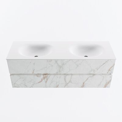 MONDIAZ VICA 140cm badmeubel onderkast Carrara 2 lades. Wastafel MOON dubbel 2 kraangaten, kleur Talc.