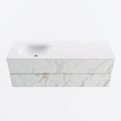 MONDIAZ VICA 140cm badmeubel onderkast Carrara 2 lades. Wastafel MOON links zonder kraangat, kleur Talc.