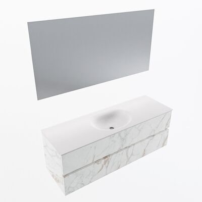MONDIAZ VICA 140cm badmeubel onderkast Carrara 2 lades. Wastafel Moon midden 1 kraangat, kleur Talc met spiegel LED.