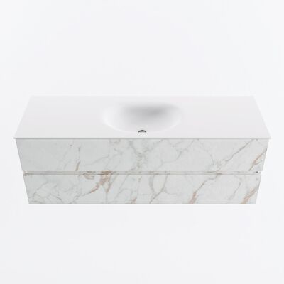 MONDIAZ VICA 140cm badmeubel onderkast Carrara 2 lades. Wastafel MOON midden 1 kraangat, kleur Talc.