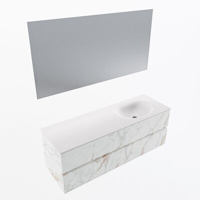 MONDIAZ VICA 140cm badmeubel onderkast Carrara 2 lades. Wastafel Moon rechts 1 kraangat, kleur Talc met spiegel LED.
