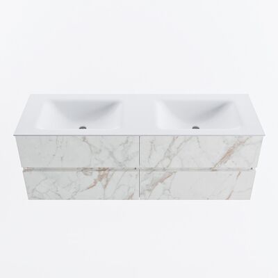MONDIAZ VICA 140cm badmeubel onderkast Carrara 4 lades. Wastafel CLOUD dubbel zonder kraangat, kleur Talc.