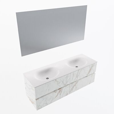 MONDIAZ VICA 140cm badmeubel onderkast Carrara 4 lades. Wastafel Moon dubbel zonder kraangat, kleur Talc met spiegel LED.