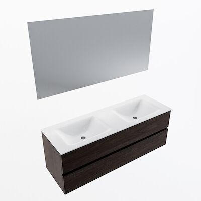 MONDIAZ VICA 140cm badmeubel onderkast Dark Brown 2 lades. Wastafel CLOUD dubbel zonder kraangat, kleur Talc met spiegel LED.