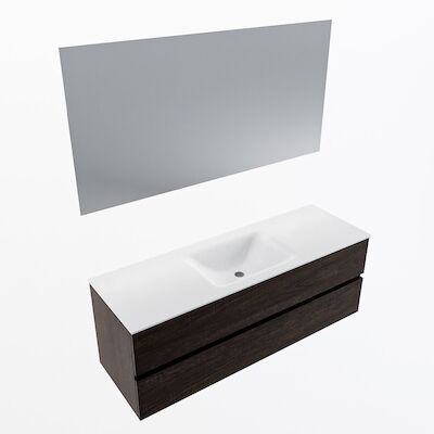 MONDIAZ VICA 140cm badmeubel onderkast Dark Brown 2 lades. Wastafel CLOUD midden zonder kraangat, kleur Talc met spiegel LED.