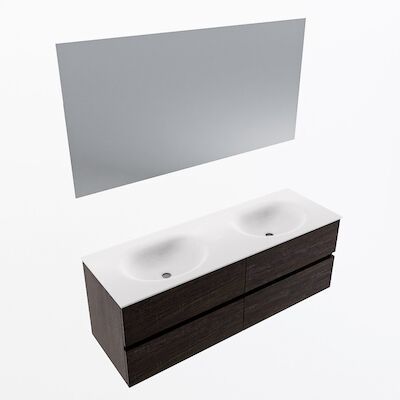 MONDIAZ VICA 140cm badmeubel onderkast Dark Brown 4 lades. Wastafel Moon dubbel zonder kraangat, kleur Talc met spiegel LED.