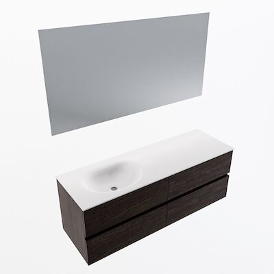 MONDIAZ VICA 140cm badmeubel onderkast Dark Brown 4 lades. Wastafel Moon links zonder kraangat, kleur Talc met spiegel LED.