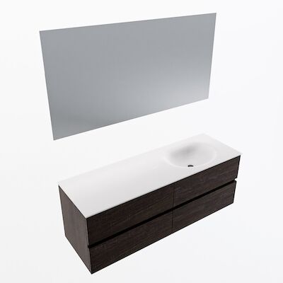 MONDIAZ VICA 140cm badmeubel onderkast Dark Brown 4 lades. Wastafel Moon rechts zonder kraangat, kleur Talc met spiegel LED.