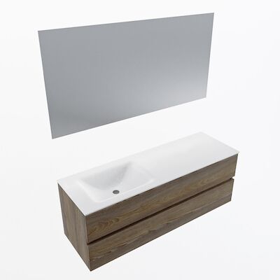 MONDIAZ VICA 140cm badmeubel onderkast Dark Brown Grey 2 lades. Wastafel CLOUD links 1 kraangat, kleur Talc met spiegel LED.
