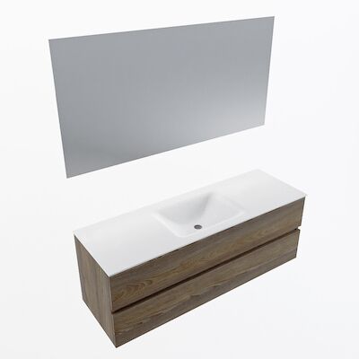 MONDIAZ VICA 140cm badmeubel onderkast Dark Brown Grey 2 lades. Wastafel CLOUD midden zonder kraangat, kleur Talc met spiegel LED.