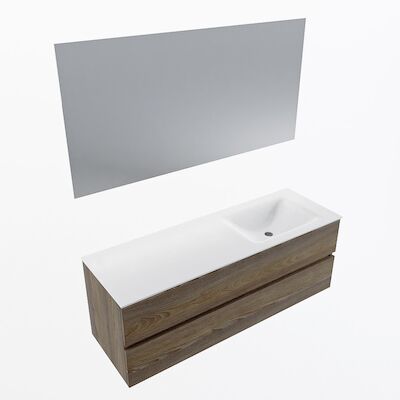 MONDIAZ VICA 140cm badmeubel onderkast Dark Brown Grey 2 lades. Wastafel CLOUD rechts zonder kraangat, kleur Talc met spiegel LED.