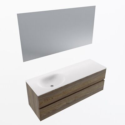MONDIAZ VICA 140cm badmeubel onderkast Dark Brown Grey 2 lades. Wastafel Moon links zonder kraangat, kleur Talc met spiegel LED.