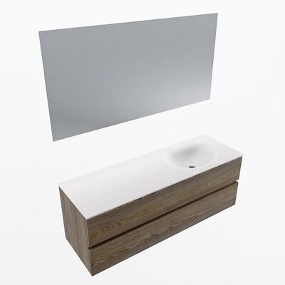 MONDIAZ VICA 140cm badmeubel onderkast Dark Brown Grey 2 lades. Wastafel Moon rechts zonder kraangat, kleur Talc met spiegel LED.