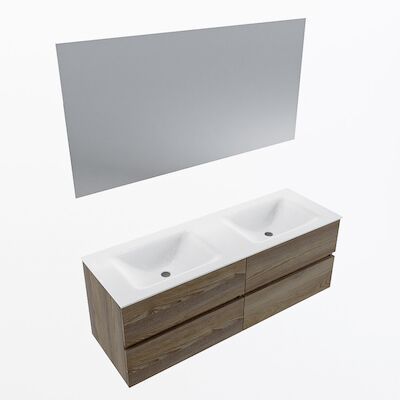 MONDIAZ VICA 140cm badmeubel onderkast Dark Brown Grey 4 lades. Wastafel CLOUD dubbel zonder kraangat, kleur Talc met spiegel LED.