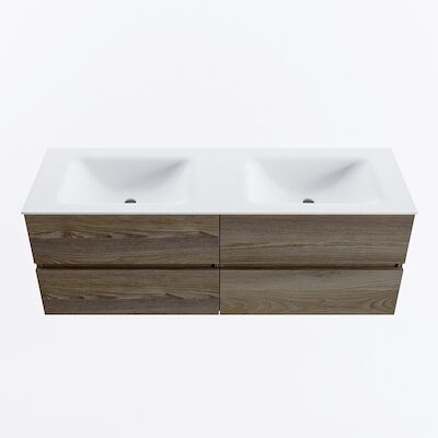MONDIAZ VICA 140cm badmeubel onderkast Dark Brown Grey 4 lades. Wastafel CLOUD dubbel zonder kraangat, kleur Talc.