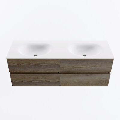 MONDIAZ VICA 140cm badmeubel onderkast Dark Brown Grey 4 lades. Wastafel MOON dubbel 2 kraangaten, kleur Talc.