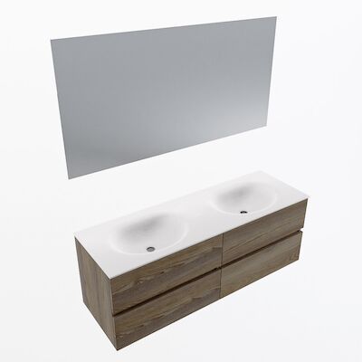 MONDIAZ VICA 140cm badmeubel onderkast Dark Brown Grey 4 lades. Wastafel Moon dubbel zonder kraangat, kleur Talc met spiegel LED.