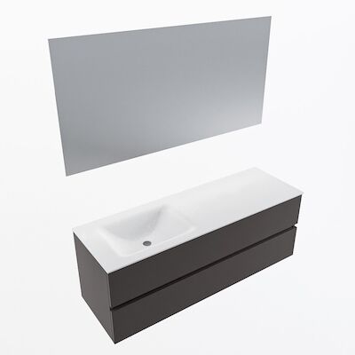 MONDIAZ VICA 140cm badmeubel onderkast Dark Grey 2 lades. Wastafel CLOUD links 1 kraangat, kleur Talc met spiegel LED.