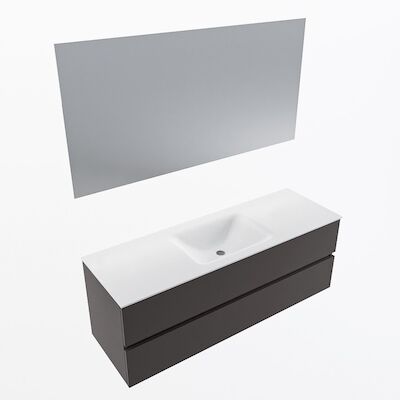 MONDIAZ VICA 140cm badmeubel onderkast Dark Grey 2 lades. Wastafel CLOUD midden 1 kraangat, kleur Talc met spiegel LED.