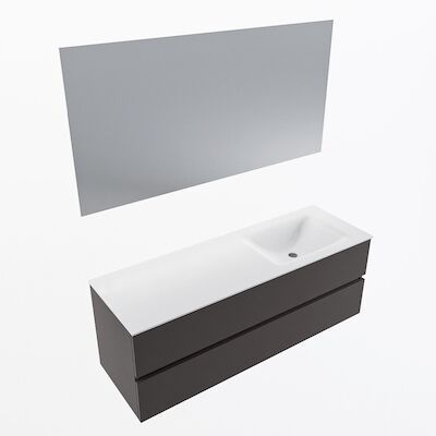 MONDIAZ VICA 140cm badmeubel onderkast Dark Grey 2 lades. Wastafel CLOUD rechts 1 kraangat, kleur Talc met spiegel LED.