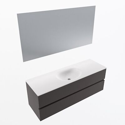 MONDIAZ VICA 140cm badmeubel onderkast Dark Grey 2 lades. Wastafel Moon midden 1 kraangat, kleur Talc met spiegel LED.
