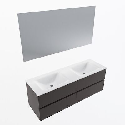 MONDIAZ VICA 140cm badmeubel onderkast Dark Grey 4 lades. Wastafel CLOUD dubbel 2 kraangaten, kleur Talc met spiegel LED.