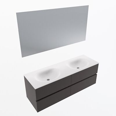 MONDIAZ VICA 140cm badmeubel onderkast Dark Grey 4 lades. Wastafel Moon dubbel 2 kraangaten, kleur Talc met spiegel LED.