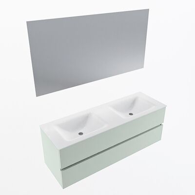 MONDIAZ VICA 140cm badmeubel onderkast Greey 2 lades. Wastafel CLOUD dubbel 2 kraangaten, kleur Talc met spiegel LED.