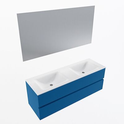 MONDIAZ VICA 140cm badmeubel onderkast Jeans 2 lades. Wastafel CLOUD dubbel 2 kraangaten, kleur Talc met spiegel LED.