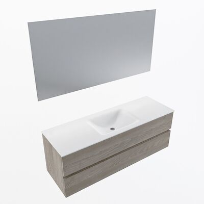 MONDIAZ VICA 140cm badmeubel onderkast Light Brown Grey 2 lades. Wastafel CLOUD midden 1 kraangat, kleur Talc met spiegel LED.