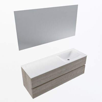 MONDIAZ VICA 140cm badmeubel onderkast Light Brown Grey 2 lades. Wastafel CLOUD rechts 1 kraangat, kleur Talc met spiegel LED.