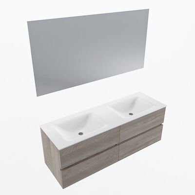 MONDIAZ VICA 140cm badmeubel onderkast Light Brown Grey 4 lades. Wastafel CLOUD dubbel zonder kraangat, kleur Talc met spiegel LED.