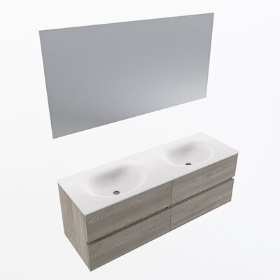 MONDIAZ VICA 140cm badmeubel onderkast Light Brown Grey 4 lades. Wastafel Moon dubbel 2 kraangaten, kleur Talc met spiegel LED.
