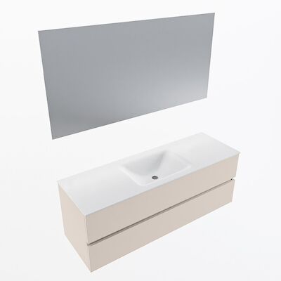 MONDIAZ VICA 140cm badmeubel onderkast Linen 2 lades. Wastafel CLOUD midden 1 kraangat, kleur Talc met spiegel LED.