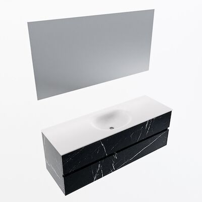 MONDIAZ VICA 140cm badmeubel onderkast Marquina 2 lades. Wastafel Moon midden zonder kraangat, kleur Talc met spiegel LED.