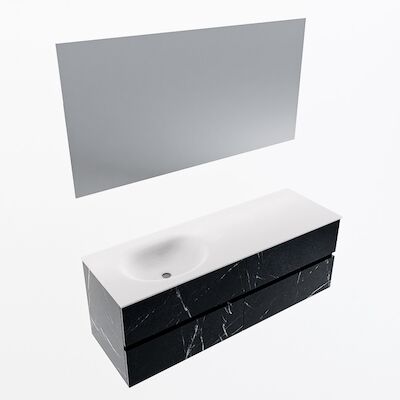 MONDIAZ VICA 140cm badmeubel onderkast Marquina 4 lades. Wastafel Moon links 1 kraangat, kleur Talc met spiegel LED.