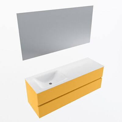 MONDIAZ VICA 140cm badmeubel onderkast Ocher 2 lades. Wastafel CLOUD links 1 kraangat, kleur Talc met spiegel LED.