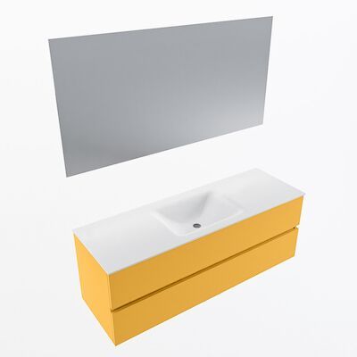 MONDIAZ VICA 140cm badmeubel onderkast Ocher 2 lades. Wastafel CLOUD midden zonder kraangat, kleur Talc met spiegel LED.