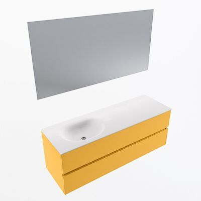 MONDIAZ VICA 140cm badmeubel onderkast Ocher 2 lades. Wastafel Moon links zonder kraangat, kleur Talc met spiegel LED.