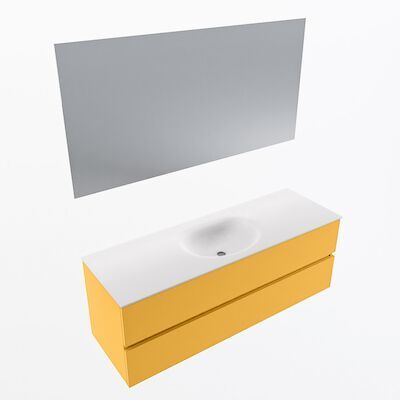 MONDIAZ VICA 140cm badmeubel onderkast Ocher 2 lades. Wastafel Moon midden zonder kraangat, kleur Talc met spiegel LED.