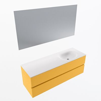 MONDIAZ VICA 140cm badmeubel onderkast Ocher 2 lades. Wastafel Moon rechts zonder kraangat, kleur Talc met spiegel LED.