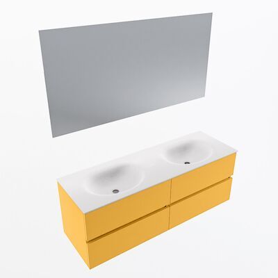 MONDIAZ VICA 140cm badmeubel onderkast Ocher 4 lades. Wastafel Moon dubbel zonder kraangat, kleur Talc met spiegel LED.
